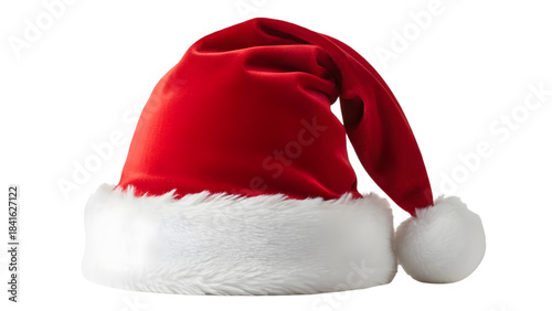 Red santa hat with white trim and pom pom isolated on transparent background for christmas