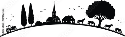 Silhouette rural countryside landscape with church, houses, tractor, grazing horses, birds, trees, and rolling hill in peaceful farming village scene
