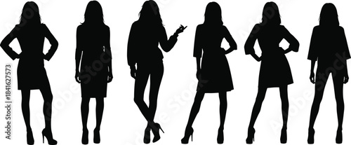 Professional business women silhouette vector illustration set, confident female manager or employee standing in formal wear, diverse successful 