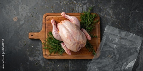 Raw chicken placed on woode...