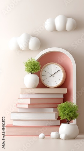 Minimalist home decor: stack of books, clock, and plants with cloud accents