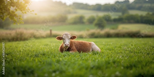 A resting cow on green past...