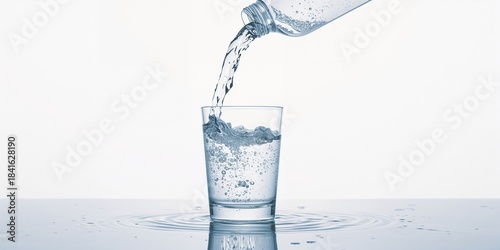 A water bottle pouring into a glass against a white background, highlighting hydration practices