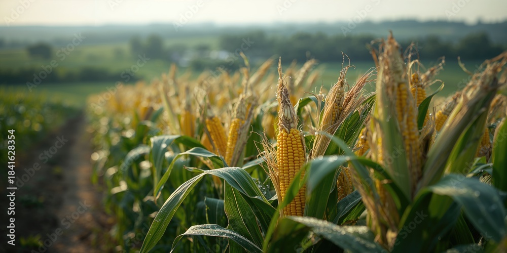 Fototapeta premium Freshly picked yellow corn on cobs in a rural setting, highlighting seasonal agriculture