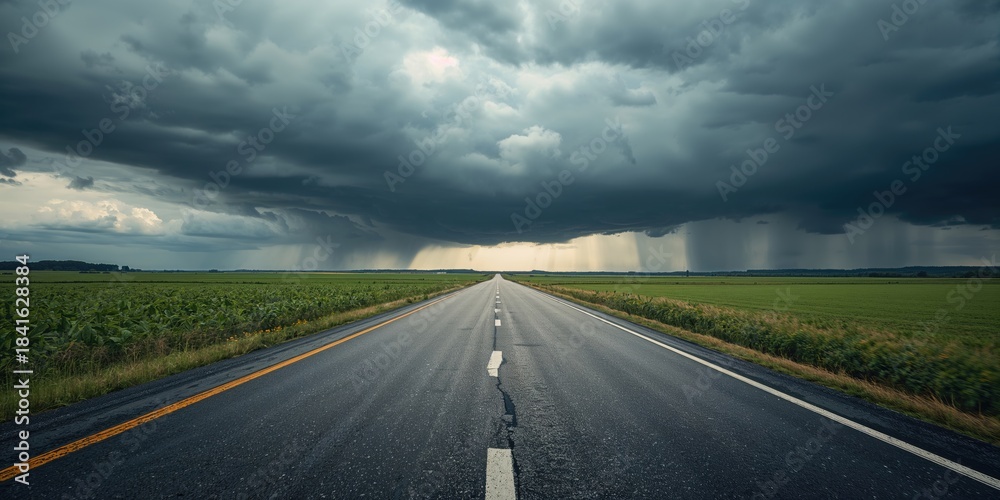 Naklejka premium Empty asphalt highway running through open fields beneath a stormy sky, rural landscape safety,