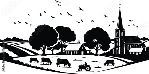 Silhouette rural village landscape with cows grazing, tractor working in fields, houses, large trees, and birds flying around a historic countryside church