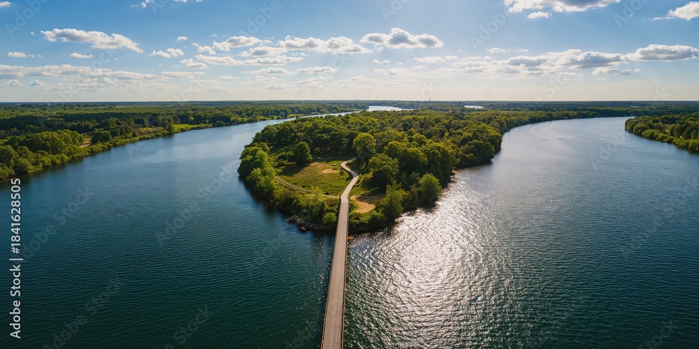 Naklejka premium Bird's-eye view of a river splitting around a small island with a bridge, waterway navigation during summer