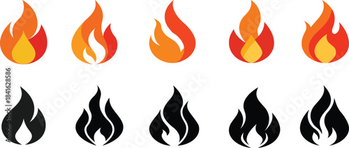 Fire flame  vector icon set collection on white background
