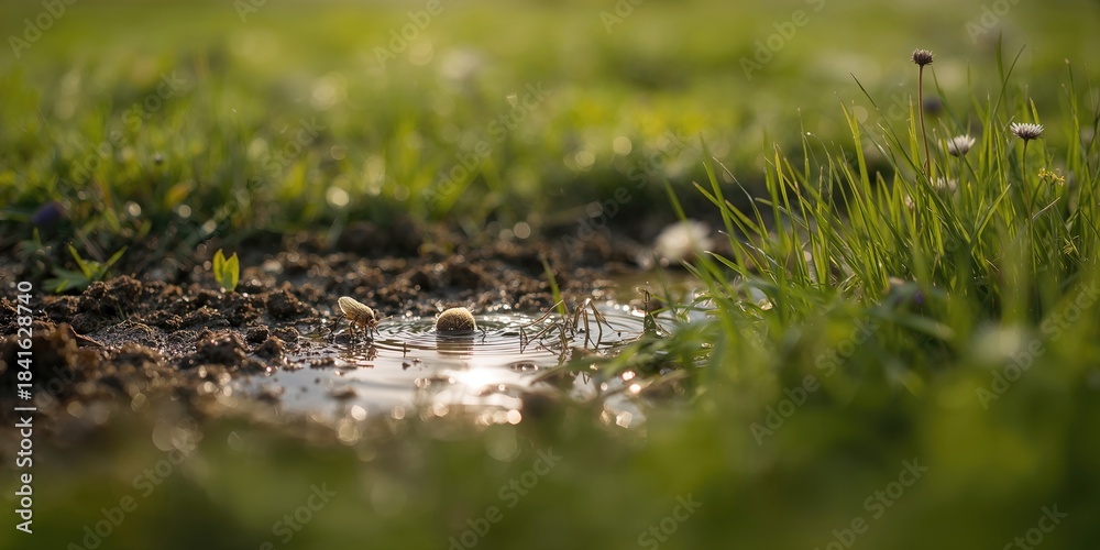 Naklejka premium Tiny creature navigating near a muddy water spot in a lush meadow, illustrating habitat exploration