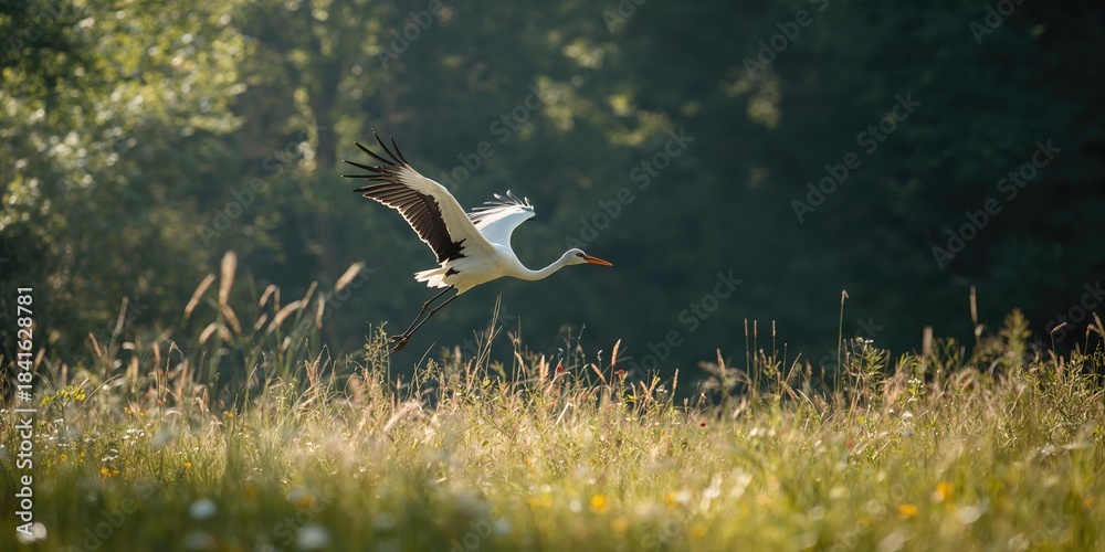 Fototapeta premium A long-legged bird soaring with wings spread over a meadow, highlighting avian flight behavior