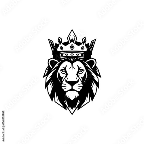 A stylized black and white illustration of a majestic lion's head wearing a royal crown isolated on transparent background
