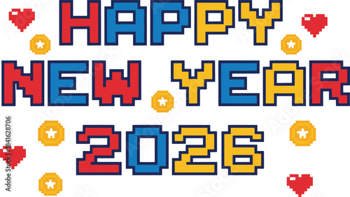 Happy New Year 2026 Pixel Art Design with Festive Icons and Celebration Elements