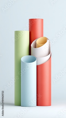Colorful rolled paper tubes on light background in modern geometric composition