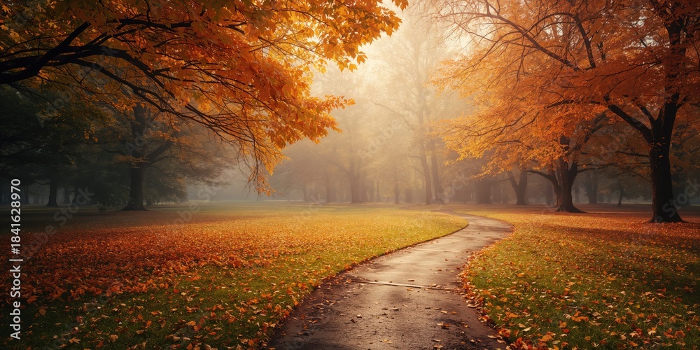 Naklejka premium Brightly colored leaves scattered across a clean autumn park, ideal for layout backgrounds