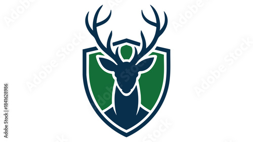 A majestic stag deer head inside a protective shield logo design concept