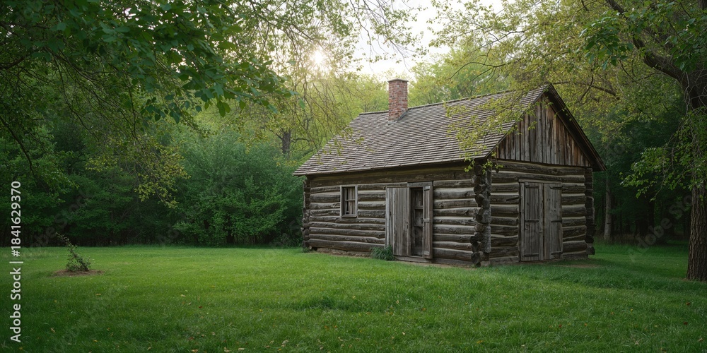 Fototapeta premium Log building at historic Fort Gibson in Oklahoma, timber construction and park setting, with forest backdrop, Earth Day