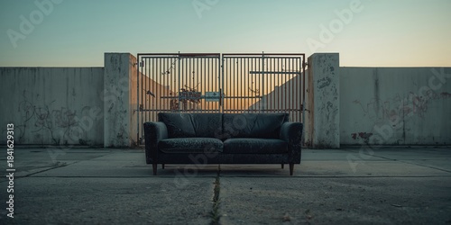 Dilapidated sofa positioned...