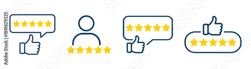 Five star rating feedback vector illustration. Customer product review icons set, five stars evaluation symbols on transparent background.