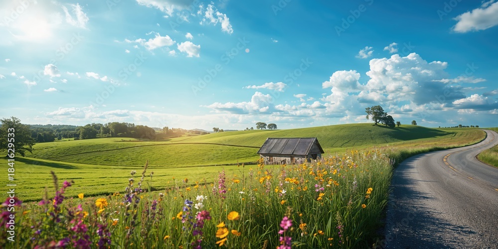 Naklejka premium Summer rural scene with vibrant fields and clear skies, suitable for editorial header backgrounds, World Environment Day