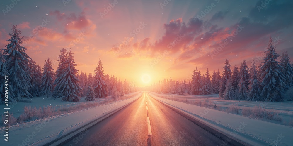Naklejka premium Evening sunset illuminating a country snowbound road, suitable as a backdrop for editorial design