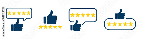 Five star rating and feedback icons with thumb up in blue and yellow color on transparent background