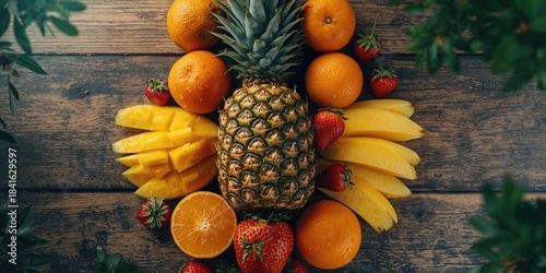 Fototapeta Naklejka Na Ścianę i Meble -  Variety of sliced fruits arranged for a vibrant food display, ideal for a health and wellness layout