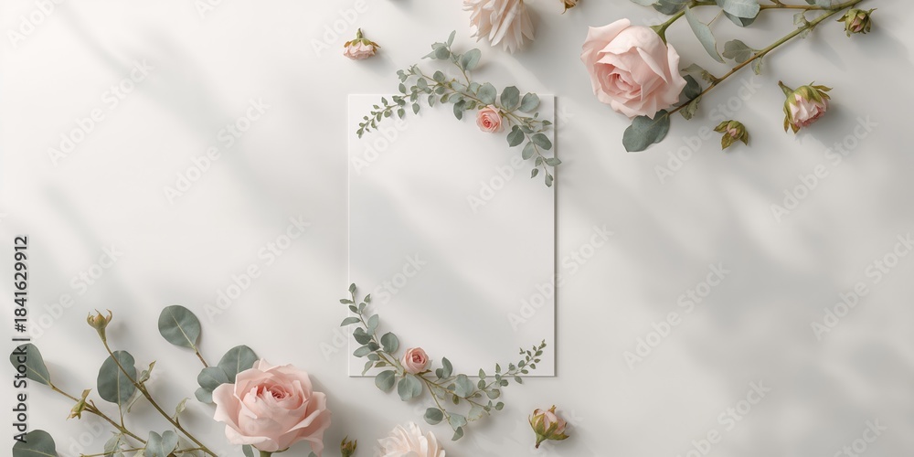Fototapeta premium Unfilled wedding invitation card featuring flowers, intended as a background for event details, floral design for seasonal themes