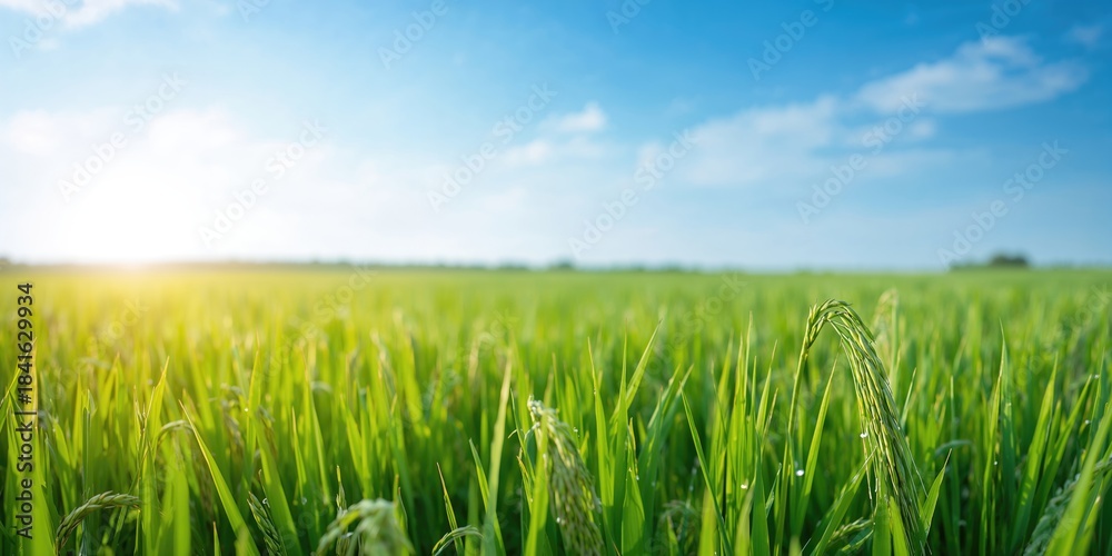 Naklejka premium Morning scene in lush green rice paddies, seasonal growth patterns