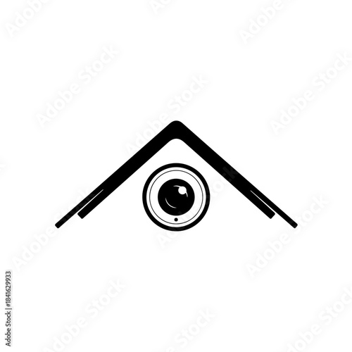 Black and white vector illustration of a home security system logo with roof and camera eye isolated on transparent background