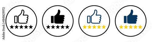 Five star rating icons with thumb up in round buttons set on transparent background