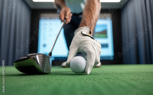 Golfer setting up for a shot in a simulator