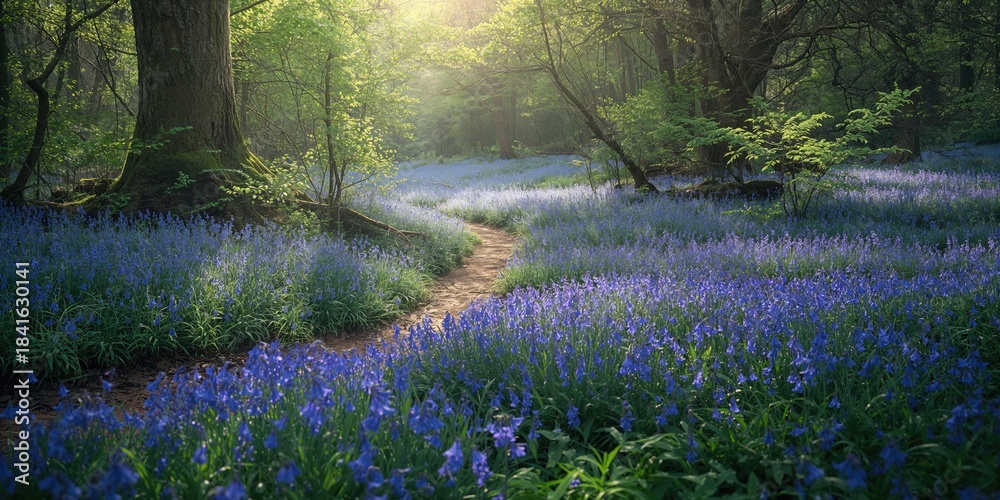 Naklejka premium Hyacinthoides non-scripta in full bloom in forest, spring renewal