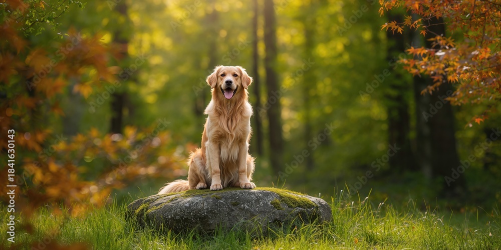 Fototapeta premium Golden Retriever dog resting on a forest rock, outdoor relaxation and natural surroundings