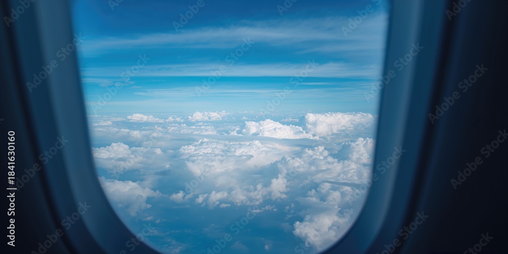 Fototapeta premium View from airplane window seat showing clouds and sky, suitable for an atmospheric background in editorial layouts