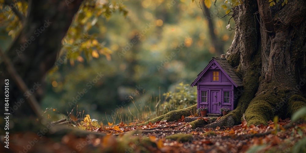 Obraz premium Miniature purple cottage nestled among ancient tree branches for solitude, Nature Preservation Day