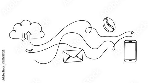 minimal continuous line drawing of data transfer, cloud storage, communication, and digital technology