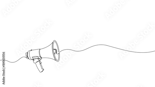 continuous line drawing of a megaphone speaker on white background