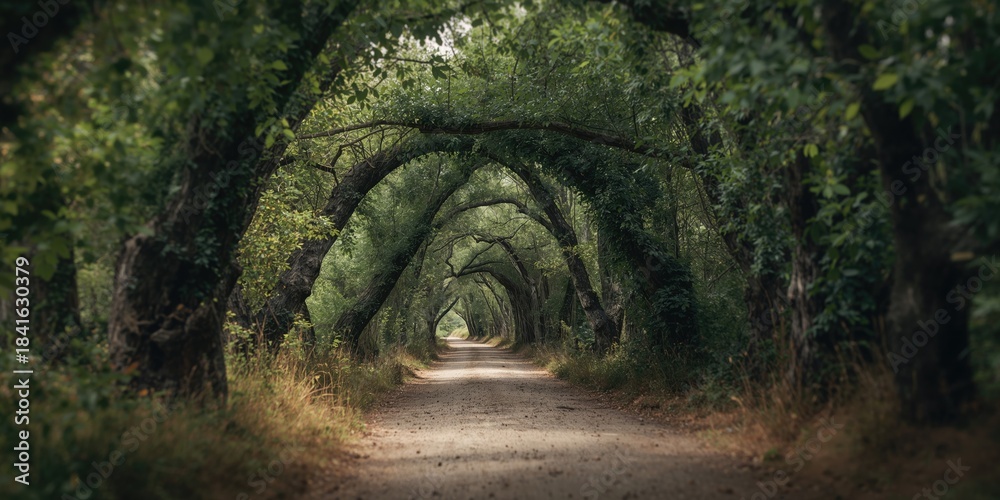 Naklejka premium Tree-lined dirt pathway in a natural setting used for outdoor signage or wayfinding