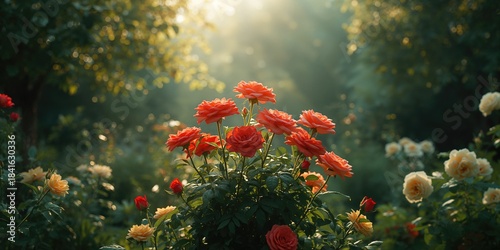 Vivid rose flowers amid lus...