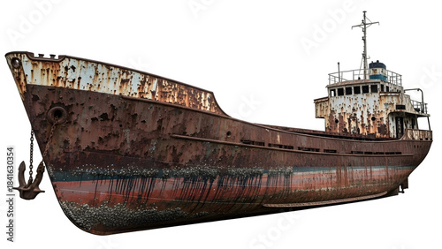 A rusted ship is sitting on the shore, isolated on white or transparent background. PNG