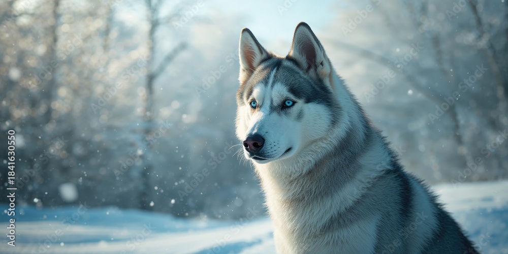 Fototapeta premium Siberian husky with striking blue eyes in winter, highlighting thick coat for temperature regulation