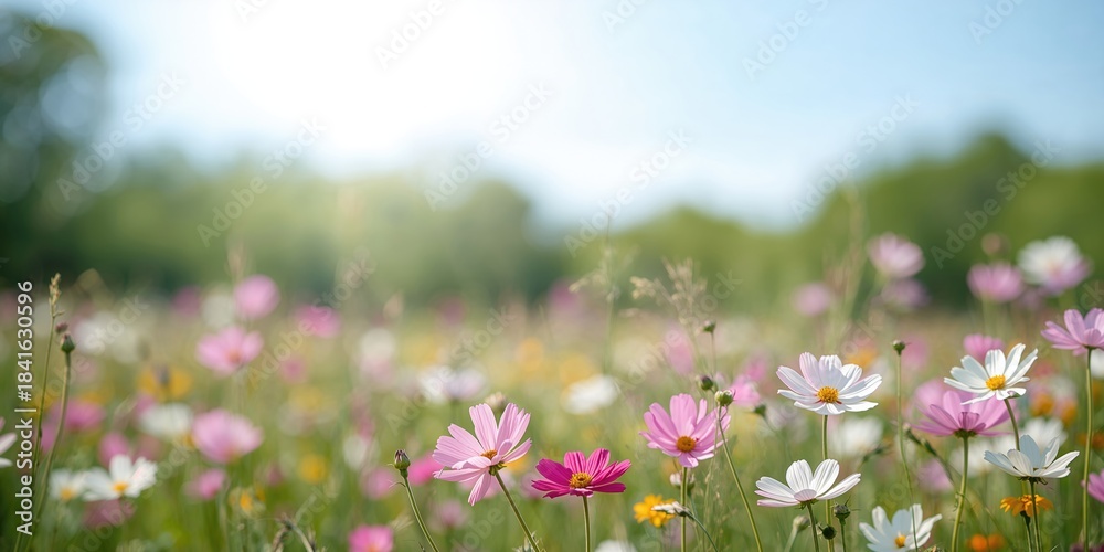 Obraz premium Cosmos flowers in the field, natural seasonal bloom for garden decoration