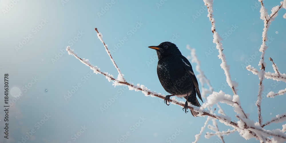 Fototapeta premium Starling perched amidst winter sunlight in a city setting, highlighting seasonal bird activity