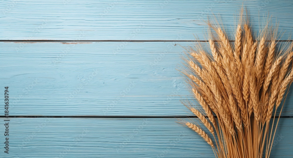 Fototapeta premium Ears of wheat arranged on a rustic blue wooden surface, suitable as a background for text or design elements