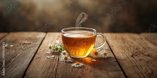 A clear glass cup of chamom...
