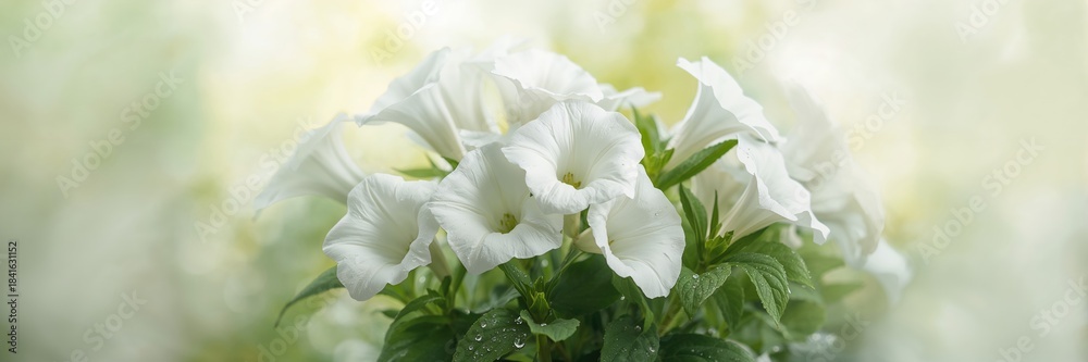 Obraz premium Close-up of white petunia flowers in a garden setting, delicate petal textures, floral arrangement, annual bloom season