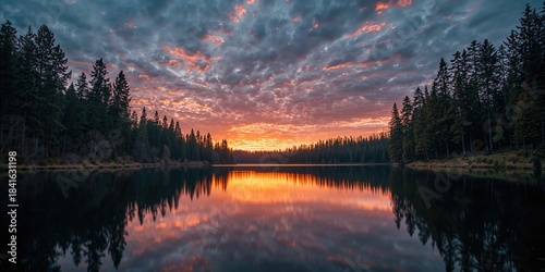 Scenic lake and forest scene at sunset, suitable as a tranquil background for text and layout