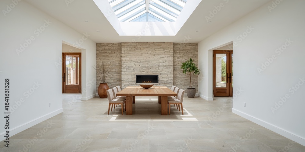 Obraz premium Light-filled dining area with stone wall and built-in fireplace, suitable for family gatherings, Earth Day