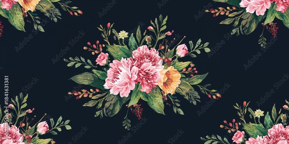 Obraz premium Colorful bouquet flowers arranged on a dark background for seamless pattern design, suitable for textile printing