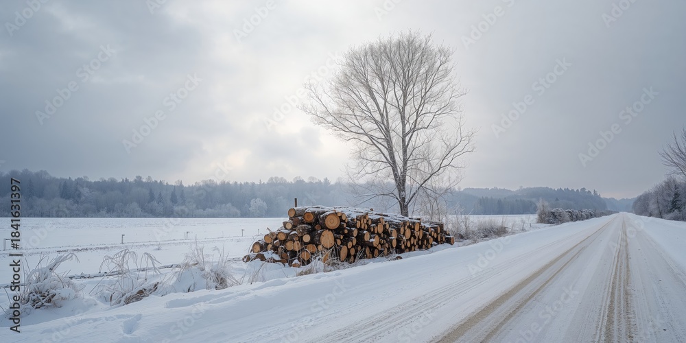 Naklejka premium Harvested timber logs stacked along a snowy roadside offering a winter landscape, suitable for forestry maintenance planning